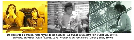 De izquierda a derecha, fotogramas de las películas: 'La ciudad es nuestra' (Tino Calabuig, 1974), 'Bellvitge, Bellvitge!' (Julián Álvarez, 1979) y 'Gitanos sin romancero' (Llorenç Soler, 1976)