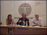 Imagen del seminario IV de La deshumanización del mundo (de izquierda a derecha: Mar Villaespesa, Peter Sloterdijk y Nicolás Sanchez Durá)