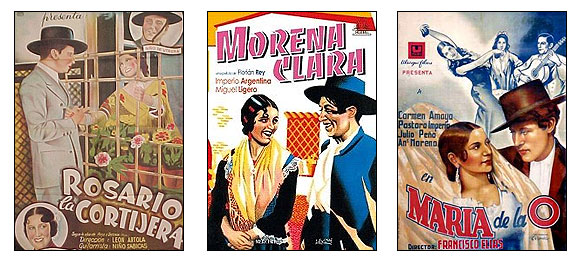 Carteles de las películas 'Rosario la cortijera' (León Artola, 1935), 'Morena Clara' (Florián Rey, 1936), 'María de la O' (Francisco Elías, 1936)