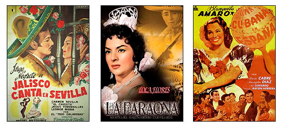Carteles de las películas 'Jalisco canta en Sevilla' (Fernando de Fuentes, 1948), 'La Faraona' (René Cardona, 1956), 'Una cubana en España' (Luis Bayón Herrera, 1952)