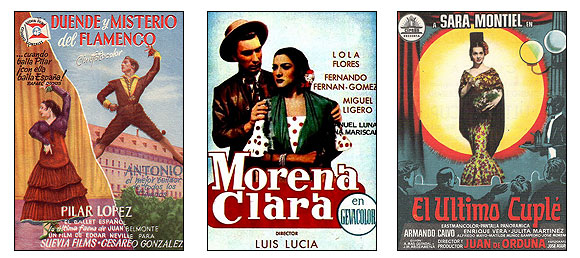 Carteles de las películas 'Duende y misterio del flamenco' (Edgar Neville, 1952), 'Morena Clara' (Luis Lucia, 1954), 'El último cuplé' (Juan de Orduña, 1957)